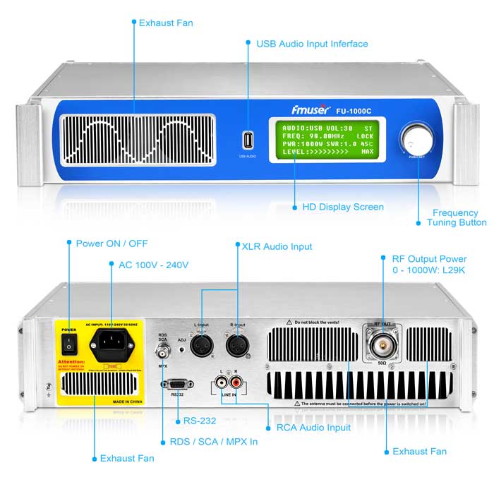 The output and input ports on the panels of FMUSER FU-1000C FM transmitter 1000 watt