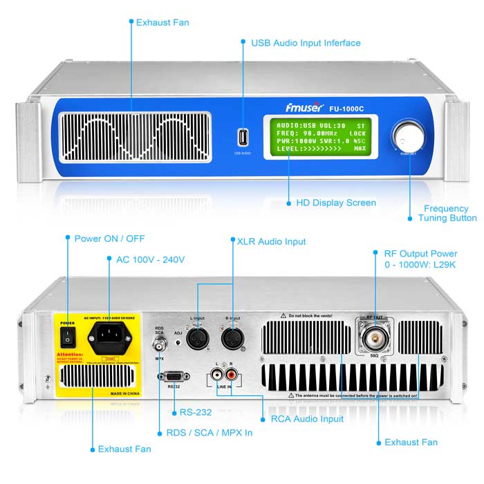 1000 ваттын FMUSER FU-1000C FM дамжуулагчийн самбар дээрх гаралт ба оролтын портууд