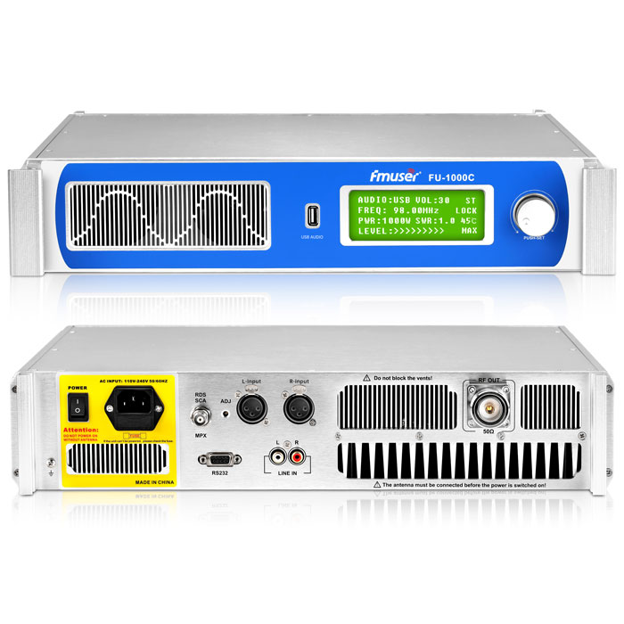 The display of the back and front panel of FMUSER FU-1000C FM transmitter 1000 watt