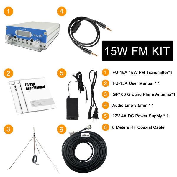 Phukusi lathunthu la FU-15A 15W FM Transmitter yokhala ndi mlongoti wa 1 bay pansi ndi zina.