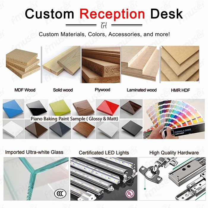 fmuser-manolotra-safidy-kofehy-maro-anisan'izany ny-desk-material-led-jiro-sy-accessories-ho-custom-reception-desk-solutions.webp